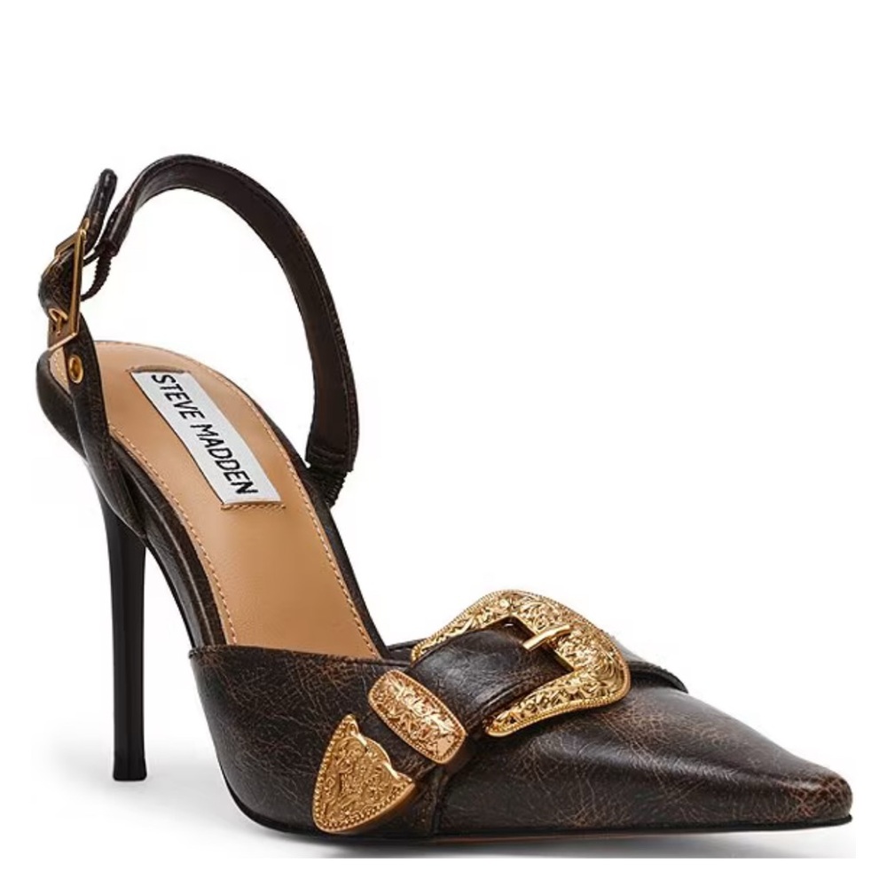 Steve Madden Delilah Distressed Leather Western Buckle Hardware Slingback Pumps